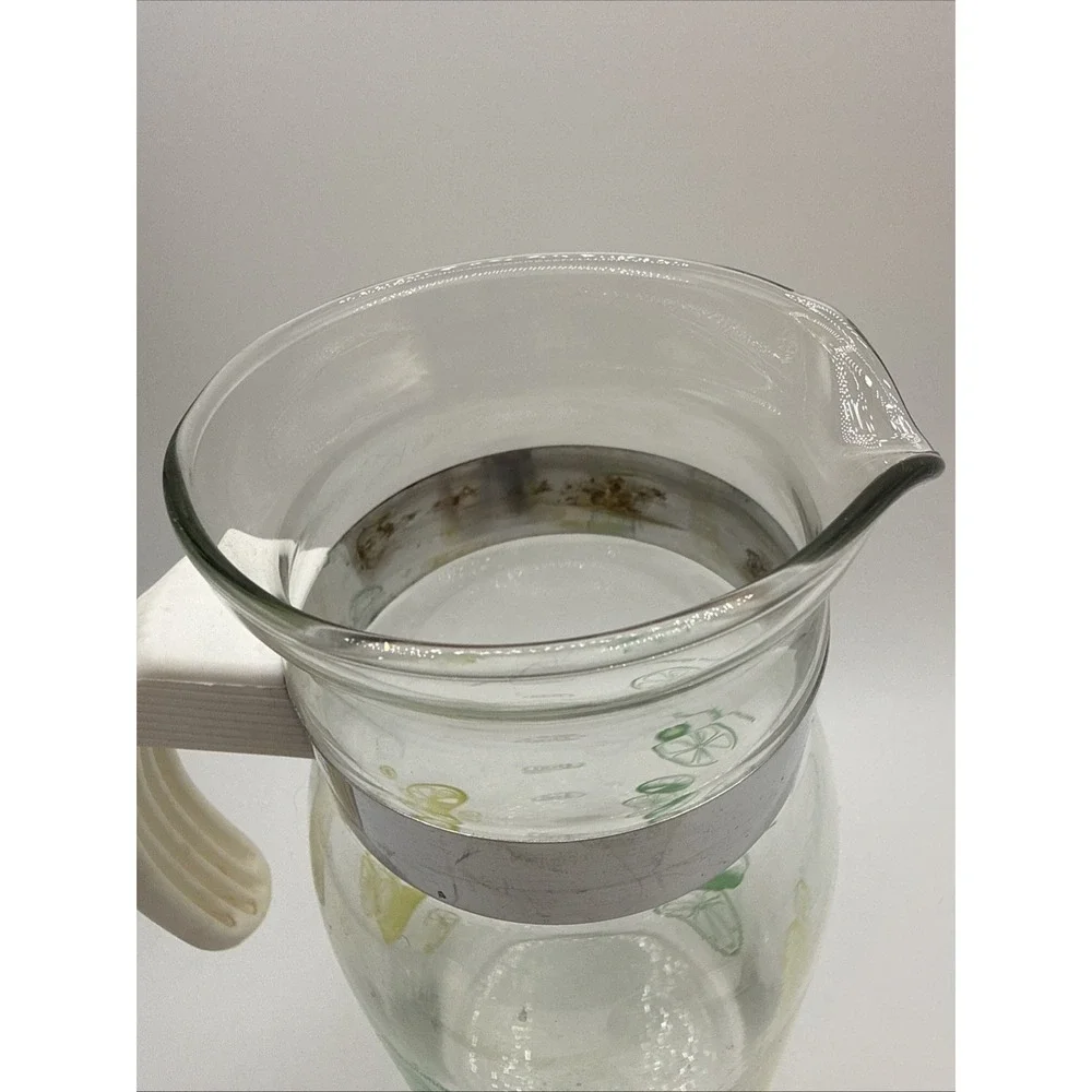 Vintage Pyrex Lemon Lime Pitcher Carafe Lid Strainer 1 Qt Welcome Degustation